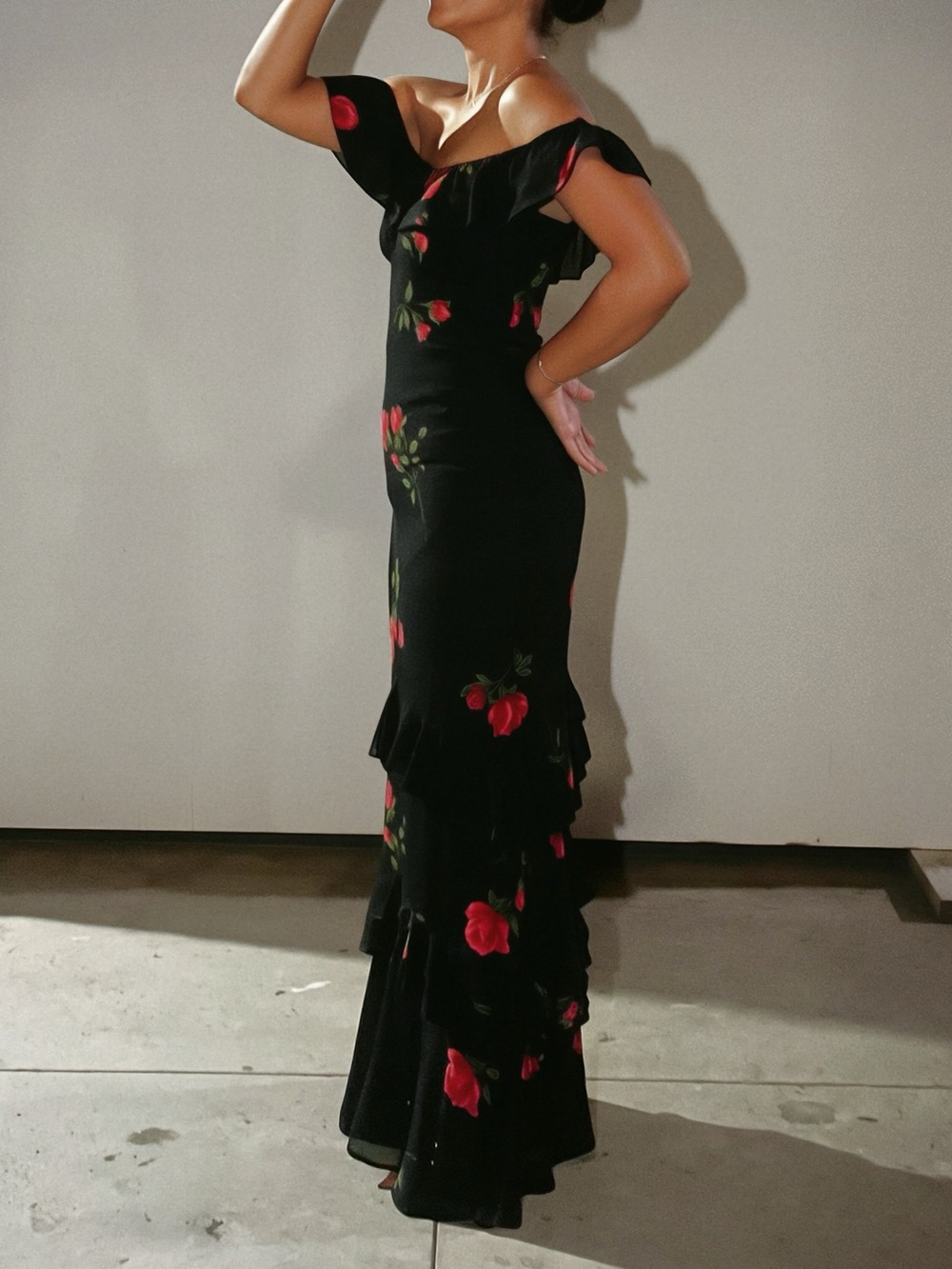 Reformation Tripoli dress Black with Red Roses